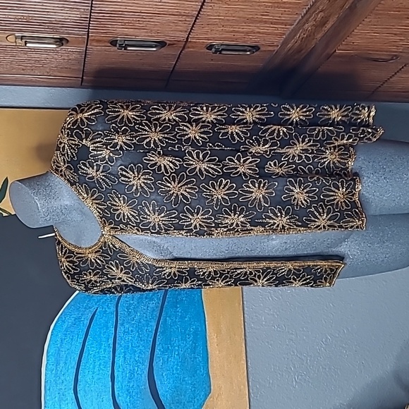 Vintage Beaded Silk Cardigan Black & Gold Size Medium - Picture 5 of 9